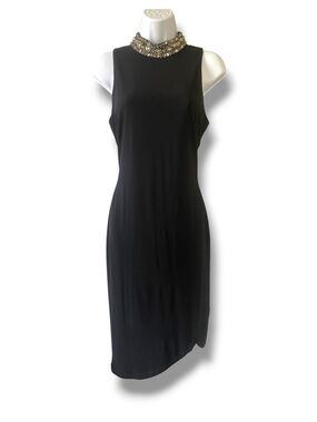 Beaded Mock Neck Sheath Midi Dress Black Cocktail Party Formal Size M NWT SLNY